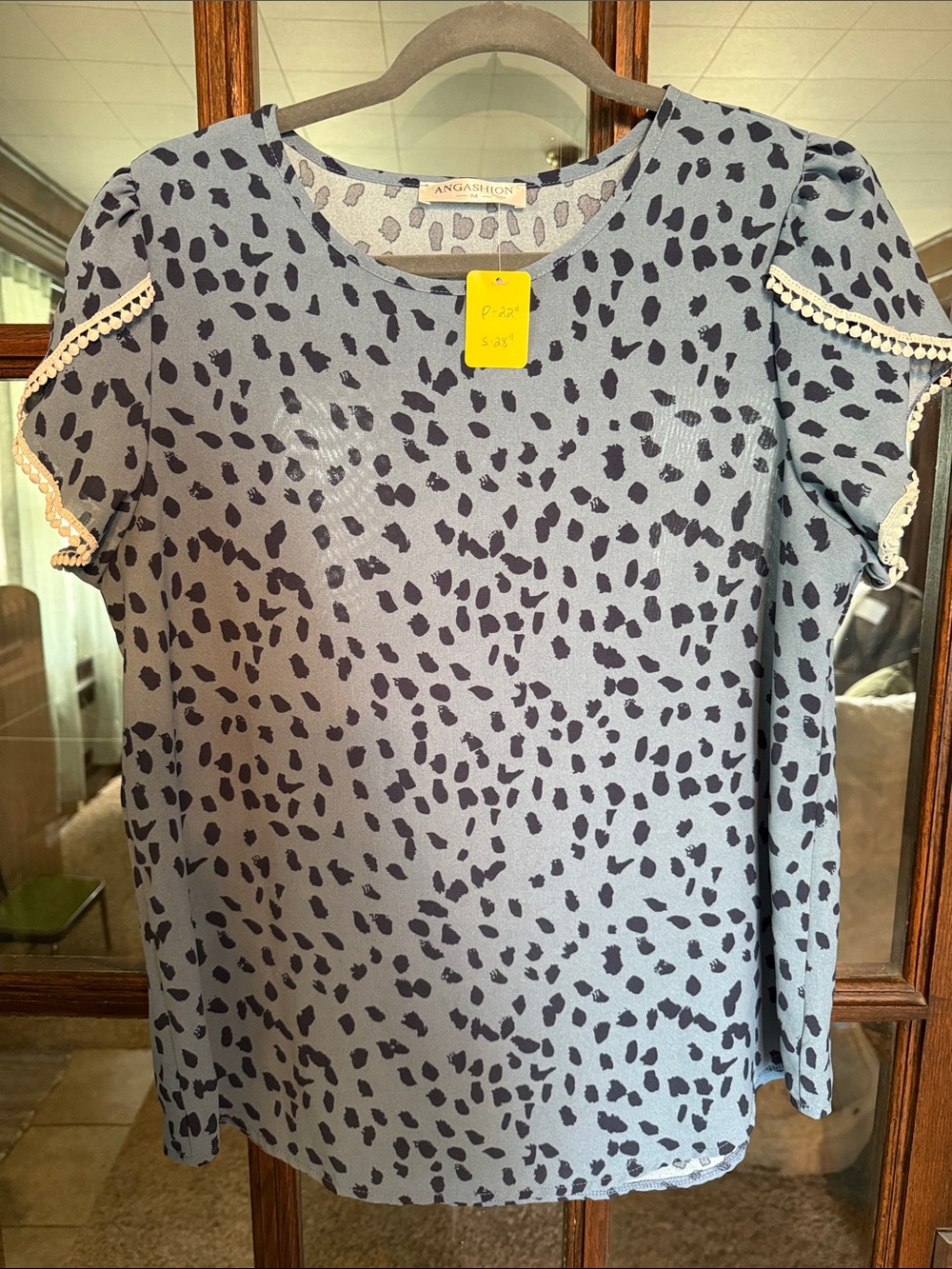 Angashion Womens Medium Blue Animal Spot Pom Pom Trim Flutter Sleeve Blouse Boho